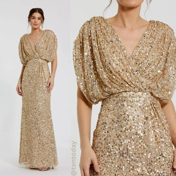 Mac Duggal 5640 Size 16 Gold Sequin Draped Sleeve V-Neck Long Gown Maxi Dress - Picture 1 of 4